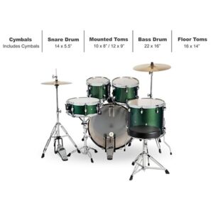 Sound Percussion Labs Unity II 5 Piece Complete Drum Set With Hardware, Cymbals and Throne Pine Green Glitter - Image 3
